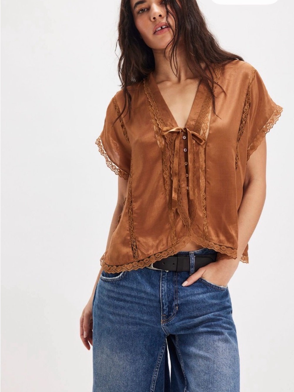 Free People Satin Lace-Trim Tie Front Top in Rust